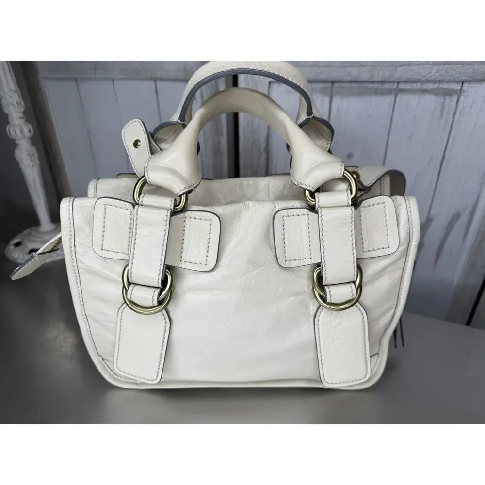 Chloé Bay Top Handle Shoulder Bag Cream Crinkle Leather Satchel Chunky Zip